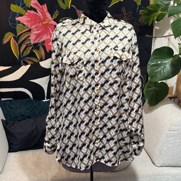 JONES NEW YORK Signature Button-Down Pointed Collar Blouse, Geometric Multi, L - Picture 5 of 16